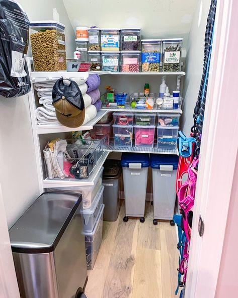 Mud Room Ideas Dog Food, Pet Cabinet Organization, Dog Storage Organization, Dog Drawer Organization, Dog Boarding Storage Ideas, How To Store Dog Stuff, Dog Cabinet Organization, Dog Clothing Storage Ideas, Dog Item Storage