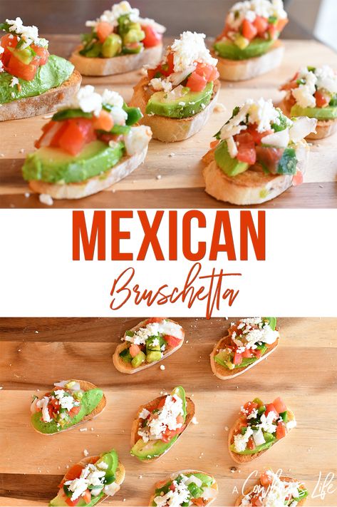 Party Bruschetta, Mexican Bruschetta, Bruschetta Appetizers, Mexican Finger Foods, Appetizers Appetizers, Easy Bruschetta Recipe, Mexican Food Recipes Appetizers, Mexican Party Food, Mexican Appetizers