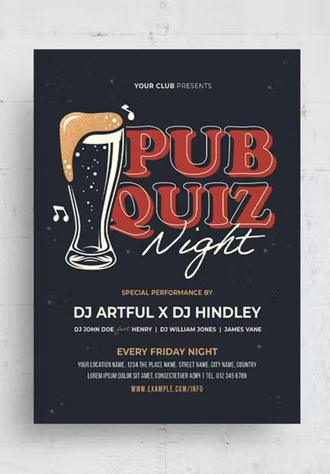 Quiz Night Poster, Quiz Poster, Night Poster Design, Pub Night, Christmas Quiz, Pub Quiz, Street Names, Place Names, Print Templates