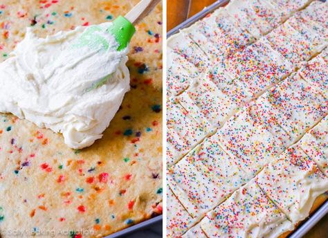 Funfetti Sheet Cake | Sally's Baking Addiction Sprinkle Sheet Cake, Funfetti Sheet Cake, Funfetti Cake Mix Recipes, Homemade Vanilla Frosting, Vanilla Sheet Cakes, Half Sheet Cake, Gym Party, Sallys Baking, Easy Vanilla Cake Recipe