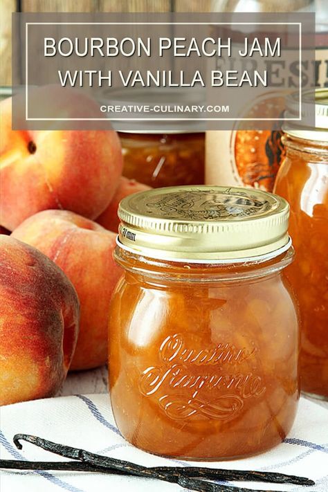 I think bourbon is the perfect spirit to pair with peaches and this Bourbon Peach Jam with Vanilla Bean is a decadent start to the day! Serve it on toast or ice cream or even make a cocktail with it, it's absolutely delicious! Vanilla Bean Recipes, Canning Jam Recipes, Peach Jam Recipe, Christmas Jam, Peach Preserves, Home Canning Recipes, Peach Recipes, Jam Recipes Homemade, Canning Food