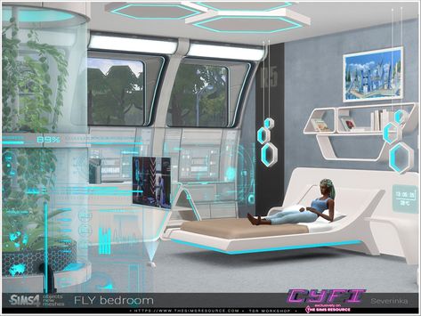 The Sims Resource - CyFi Fly bedroom Sims 4 Futuristic House, Futuristic Room, Cc Eyes, Sims 4 Beds, Bedroom End Tables, Futuristic House, False Wall, Bookshelves In Bedroom, Sims 4 Bedroom