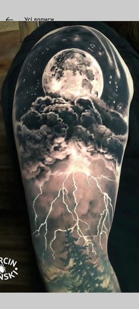 Clouds And Stars Tattoo, Tornado Tattoo, Shoulder Cover Up Tattoos, Moonlight Tattoo, Night Sky Tattoos, Arm Cover Up Tattoos, Cloud Tattoo Sleeve, Blitz Tattoo, Cloud Tattoo Design