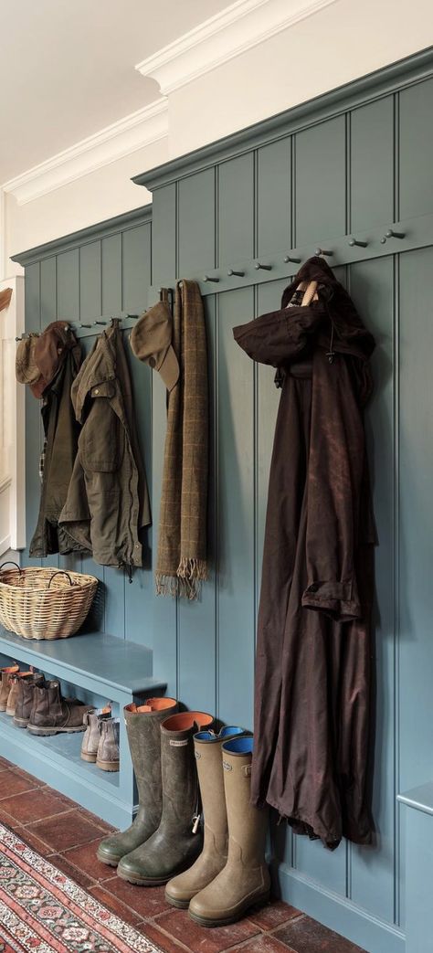 British Entryway, English Style Mudroom, Dark Wood Mudroom, Country House Mudroom, Large Boot Room, Tudor Mudroom, Cottage Core Mudroom, Narrow Boot Room, Cottage Cloakroom