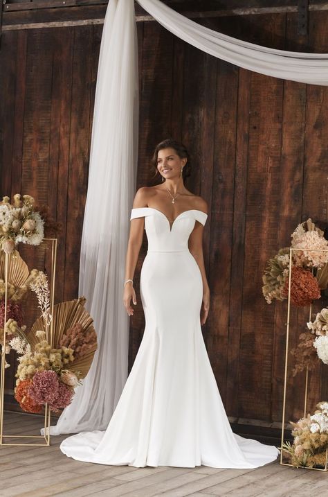 Wedding Dresses Mermaid Simple, Satin Wedding Dress Mermaid, Simple Elegant Wedding Dress, Satin Mermaid Wedding Dress, Fit And Flare Gown, Sophia Tolli, Crepe Wedding Dress, Off Shoulder Wedding Dress, Timeless Wedding Dress