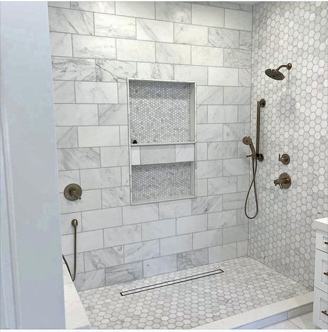 Long Drain Bathroom, Modern Farmhouse Shower Tile Wall, Master Bath Shower Niche Ideas, White Tile Showers Ideas, Floor And Decor Bathroom Tile Ideas Farmhouse, Light Tile Shower Ideas, Shower Sprayer Ideas, Master Bath Tile Selections, Lake House Shower Tile Ideas