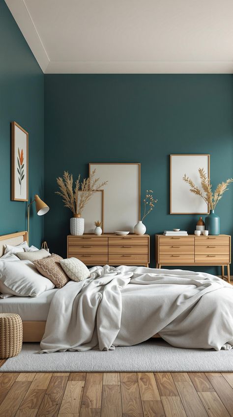 Dark Teal Bedroom Earthy Teal Bedroom, Teal Cream Bedroom, Tranquil Bedroom Ideas Relaxing, Teal And Wood Bedroom, Teal And Cream Bedroom, Aegean Teal Bedroom, Teal Guest Room, Copper Bedroom Decor, Teal Accent Wall Bedroom