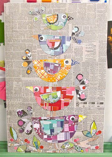 Collage Folk Art Birds - do this on a canvas background with scraps of fabric or scrapbooking paper Tiny Scrapbook, Bird Collage Art, Easy Collage, Text Collage, Folk Art Birds, Bird Collage, Art Altéré, Newspaper Art, Bird Quilt