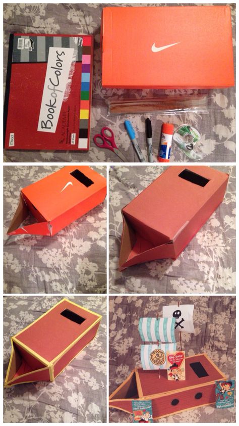 Pirate Ship Valentines box. Boat Valentines Boxes, Pirate Ship Valentines Boxes, Pirate Valentine Box Ideas, Treasure Chest Valentine Box Ideas, Titanic Valentines Boxes, Porch Pirate Box Diy, Pirate Ship Valentine Box Boys, Cardboard Box Pirate Ship Diy, Diy Pirate Chest Cardboard Boxes