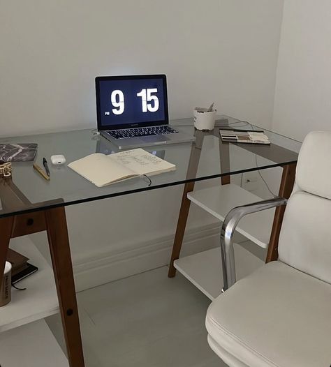 Glass Standing Desk, Glass Desk In Bedroom, Glass Desk Bedroom, Glass Desk Aesthetic, Glass Desk Ideas, Glass Desk Office Decor, Glass Study Table, Room Aestethic, Palace Decor