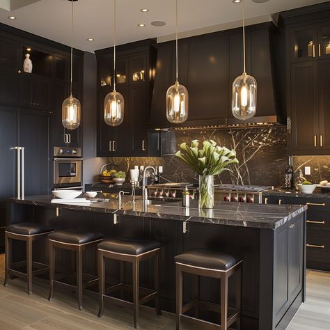 pendent_lighting_over_island_black_kitchen 38 Bar Lights Ideas, Luxury Kitchen Aesthetic, Black And Gold Kitchen Ideas, Pendant Lighting Over Island, Luxury Black Kitchen, Vintage Kitchen Design, Latest Kitchen Ideas, Black Pendant Light Kitchen, Building Kitchen