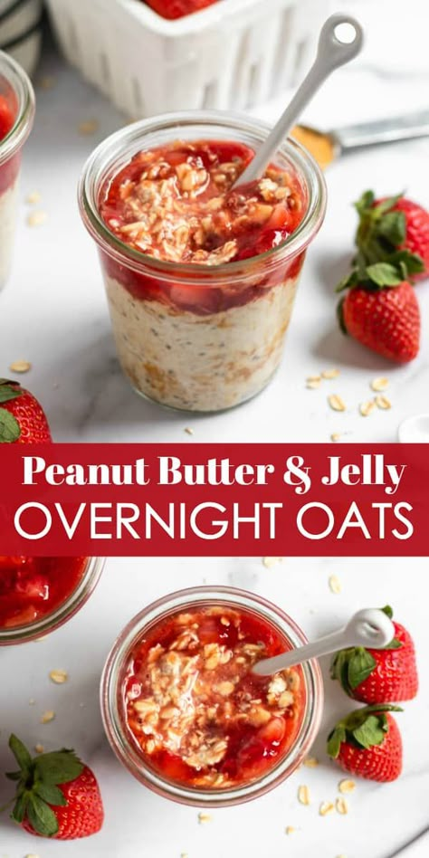 PB&J for breakfast? Yes! These Peanut Butter and Jelly Overnight Oats are a simple, healthy and delicious way to start your day. Full of fresh fruit, hearty oats, chia seeds, and of course, peanut butter! Prep several at a time so breakfast is ready on the go. #pbandj #peanutbutterandjelly #overnightoats #oatmeal #breakfast #oats #breakfasttogo Overnight Oats With Yogurt, Oats Overnight, Breakfast Oats, Oat Recipes Healthy, Overnight Oats Recipe Healthy, Overnight Oats Healthy, Overnight Oatmeal, Peanut Butter And Jelly, No Bake Snacks