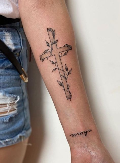 Cross With Grapevine Tattoo, Cross Leg Tattoo For Women, Cross With Leaves Tattoo, Cross With Roots Tattoo, Cross And Vine Tattoo, Cross Tree Tattoo, John 15 Tattoo, Cross Arm Tattoo Women, Thorn Cross Tattoo