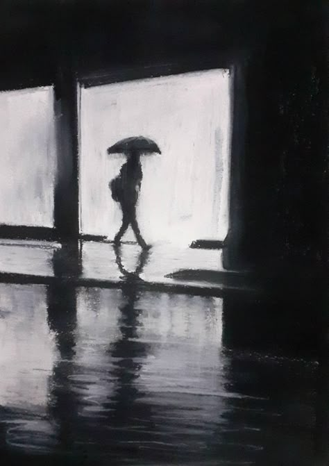 This is an original wet charcoal and pastel piece by myself titled,'Window lights'. Done in my own unique style combining charcoal with white pastel to create this rainy night scene of a person walking past illuminated shop windows. This piece looks great set within a white mount with either a black or white frame.  A very bold piece with lots of contrast. The size of this signed unframed original piece is A3 so measures 297mm by 420mm.  Thank you for viewing my art. Charcoal And Pastel Drawing, Grey Scale Painting, Charcoal Art Ideas, Light And Dark Art, Light And Shadow Art, Night Drawings, Oil Painting Black And White, A Person Walking, Charcoal And Acrylic