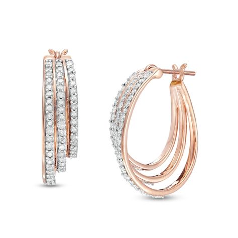 1 CT. T.W. Diamond Graduated Split Triple Row Hoop Earrings in 10K Rose Gold Multiple Hoop Earrings, Coast Aesthetic, Triple Hoop Earrings, Diamond Mangalsutra, Solitaire Earrings, Peoples Jewellers, Bangles Jewelry Designs, Gold Jewelry Simple, Gold Fashion Necklace