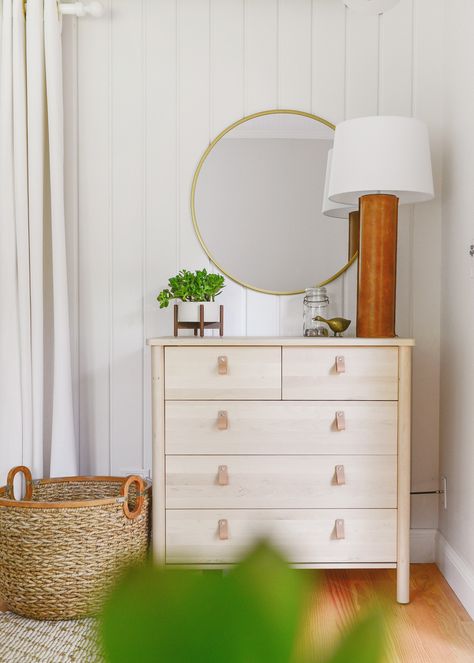 Our bedroom dresser nook packs function and beauty into one! We used the IKEA BJORKSNAS dresser and everyone's favorite brass Target mirror to create a useful space on a budget. We're sharing what's inside the drawers and all sources in this post. Bjorksnas Ikea Dresser Hack, Ikea Björksnäs Dresser, Bjorksnas Ikea Dresser Nursery, Light Wood Dresser Boho, Boho Dresser￼, Closet Ikea, Cheap Bedroom Furniture, Bedroom Decor On A Budget, Bedroom Minimalist