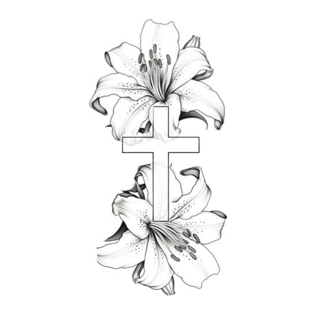 Cross With Lily Tattoo, Lily Memorial Tattoos, Cross With Lilies Tattoo, Lillys Flowers Tattoo, Flowers And Cross Tattoo, Lillie’s Tattoo, Tattoo Cross With Flowers, Lilly Back Tattoo, Cross Tattoos With Flowers