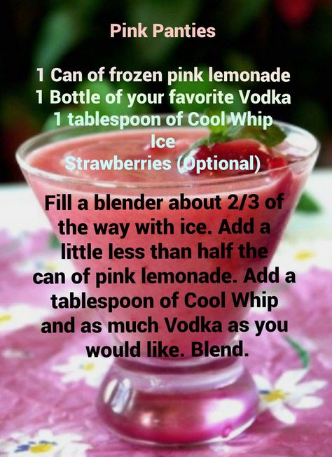 Sweet Pink Alcoholic Drinks, Pink Panty Pulldown Drink, Pink Panties Drink Recipe, Pink Panties Drink Cocktails, Pink Panties Drink, Vodka And Pink Lemonade Drinks, Frozen Pink Lemonade Vodka Drink, Recipes With Cool Whip, Frozen Drink Recipes