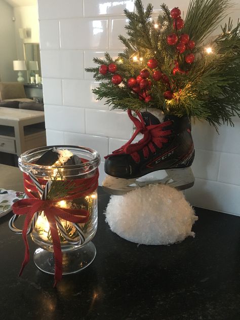 Hockey Holiday Centerpieces Hockey Christmas Tree, Hockey Christmas, Hockey Socks, Christmas Boxes, Senior Night, Holiday Centerpieces, Happy Love, Holidays And Events, All Things Christmas