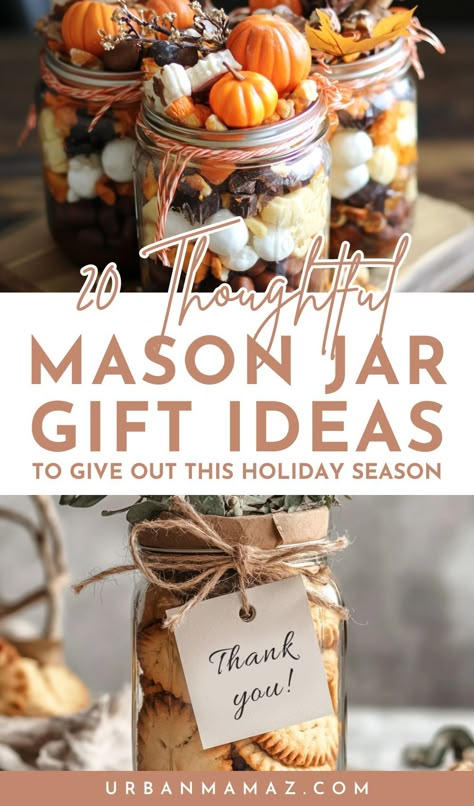 Looking for thoughtful mason jar gift ideas to give out this holiday season? Check out these 20 mason jar gift ideas you have to try this holiday! Mason Jar Wrapping Ideas, Glass Jar Gift Ideas Christmas, Pint Jar Gifts Christmas, Christmas Mason Jars Gifts, Crockpot Gifts, Small Holiday Gift Ideas, Thrifted Gift Ideas, Mason Jar Decorating Ideas, Christmas Gift In A Jar