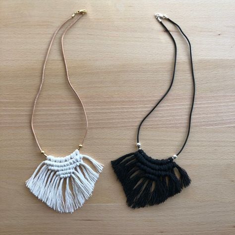 Handmade macramé necklace on leather cord. Pictured natural with gold details and black with silver details. These are totally customizable, soIf you’re interested in switching up cord colors/leather/hardware in a different way, msg me! ☺️ Macrame Necklaces, Necklace Macrame, Macrame Necklace With Waxed Cord As A Gift, Adjustable Macrame Cord Necklace, Macrame Necklace Tutorial, Diy Macrame Necklace, Festival Macrame Pendant Necklace, Bohemian Black Macrame Necklace, Unique Brown Macrame Necklace