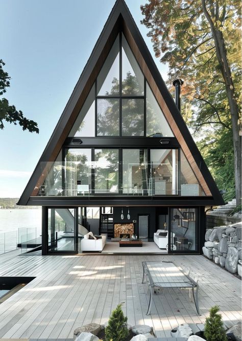 A Frame Structure, A-frame Interior, Modern A Frame Cabin, Frame Cabins, Modern A Frame, Nordic Architecture, A Frame Cabin Plans, Triangle House, Hut House