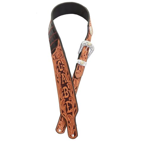 Natural leather guitar strap with floral tooling and rust background. Matching genuine dark rust crocodile leather with western yoke.  Accented with an antique... Leather Guitar Strap Pattern, Background Matching, Leather Guitar Strap, Double J, Cowboy Gear, Crocodile Leather, Guitar Strap, Gold Flowers, Leather Necklace