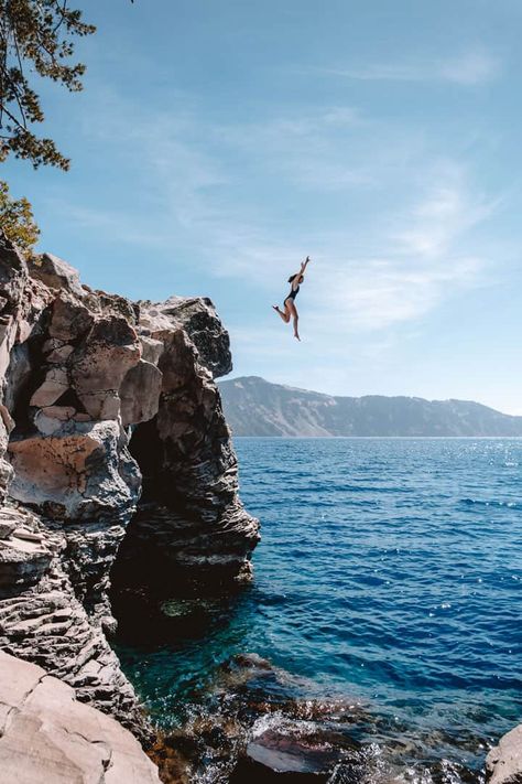 Cliff Jumping at Crater Lake, Oregon Cliff Diving Aesthetic, Cliff Diving Background, Manifesting Images, Crater Lake Oregon, Cliff Jumping, Cliff Diving, Crater Lake National Park, Capitol Reef, Lake Photos