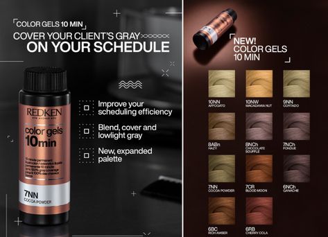 Redken Color Gels 10-Minute Technical Guide Redken 10 Minute Color Gels, Redken Color Gels Lacquers Chart, Redken Color Gels, Salon Apparel, Colour Remover, Redken Color, Wax Hair Removal, Cherry Cola, Nail Essentials