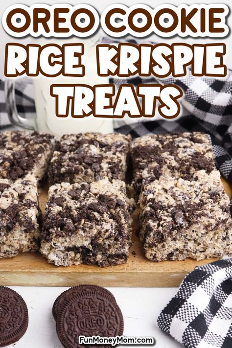 These Oreo Rice Krispie Treats are a chocolatey gooey no bake treat that combines two of your favorite desserts in one, for a fun twist on a classic snack!  With only 4 simple ingredients, they're quick and easy to prepare and are a snack everyone will go crazy for! Oreo Rice Crispy Treats, Oreo Krispie Treats, Oreo Rice Krispies, Oreo Ideas, Oreo Rice Krispie Treats, Oreo Rice, Rice Crispy Bars, Homemade Rice Krispies Treats, Rice Crispy Treats Recipe