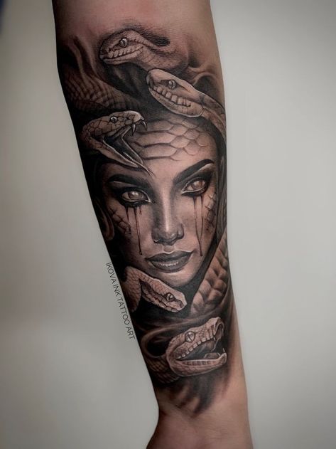 Medusa Forearm Tattoo, Madussa Tattoo Design, Tattoo Sleeves For Women, Clock Tattoo Sleeve, Unique Half Sleeve Tattoos, Outer Forearm Tattoo, Half Sleeve Tattoos Forearm, Cool Half Sleeve Tattoos, Quarter Sleeve Tattoos