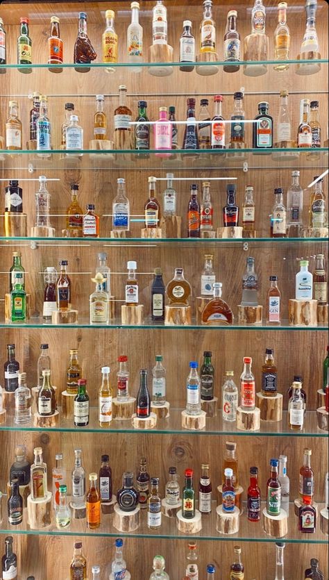 How To Display Liquor Bottles Bar Ideas, Mini Liquor Bottles Display, Bottle Collection Display Ideas, Shot Glass Display Ideas, Alcohol Display Home, Small Alcohol Bottles, Alcohol Cabinet, Expensive Champagne, Drink Shelf