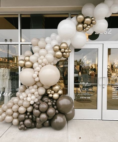 Balloon Garland Store Opening, Balloon Garland Grand Opening, Storefront Balloon Garland, Store Front Balloon Garland, Neutral Event Decor, Grand Opening Balloon Ideas, Grand Opening Party Ideas, Diy Balloon Arch Tutorial, Grand Opening Decor