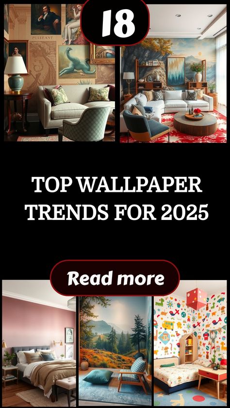 Stylish room interiors showcasing upcoming wallpaper trends for 2025. Funky Bathroom Wallpaper Bohemian, Piano Room Wallpaper, Decor On Wallpaper Wall, Cabinet Wallpaper Ideas, Wallpaper Shop Design, Wallpaper Backgrounds Bedroom Ideas, Wallpaper For Small Room, Living Room Accent Wallpaper, Wallpaper Shelf Backing