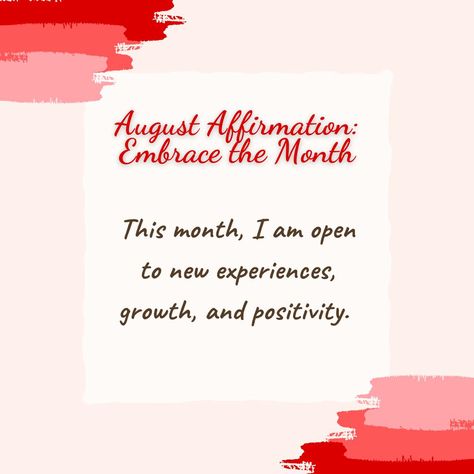 𝐀𝐮𝐠𝐮𝐬𝐭 𝐀𝐟𝐟𝐢𝐫𝐦𝐚𝐭𝐢𝐨𝐧: 𝐄𝐦𝐛𝐫𝐚𝐜𝐞 𝐭𝐡𝐞 𝐌𝐨𝐧𝐭𝐡 This month, I am open to new experiences, growth, and positivity. Let's make August a month of progress and joy! Comment below with your own affirmation for August! #AugustAffirmation #PositiveVibes #MonthlyAffirmation #PositiveMindset #EmbraceTheMonth #TheOvercomersAcademy 🌿 New Experiences, August 1, Positive Mindset, A Month, Positive Vibes, New Experience, Affirmations, Let It Be, On Instagram