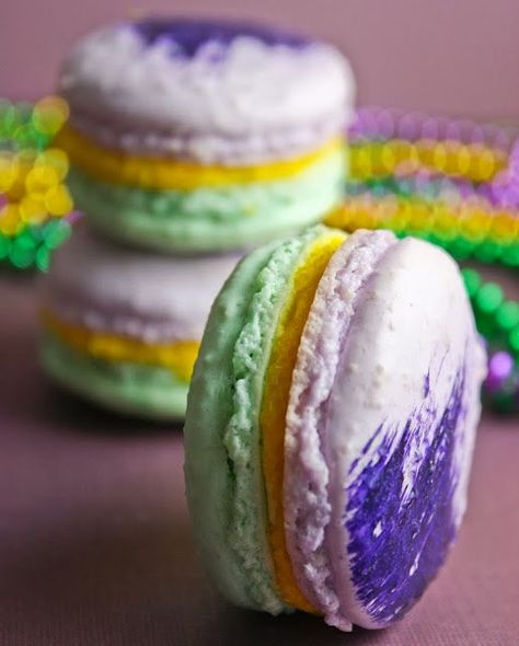 Hungry Happenings: Fun Food for Mardi Gras King Cake Tradition, Mardi Gras Desserts, Pear And Almond Cake, Madi Gras, Mardi Gras King Cake, Mardi Gras Food, Purple Table, French Macaroons, Poached Pears