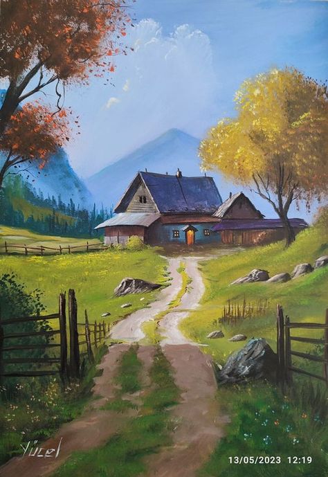 Inspiring Painting Ideas: Capturing the Essence of Nature Bridge Art Paintings, Farm Scene Painting, Easy Landscape Paintings, Modern Landscape Painting, Barn Painting, Small Canvas Paintings, Pastel Landscape, Landscape Photography Nature, Cottage Art