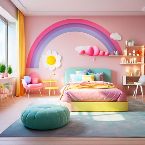 Interior Design Inspiration (@littlehomeidea) • Instagram photos and videos Kid Girls Bedroom Ideas, Kids Room Design Girl, Rainbow Bedroom Ideas Kids, Rainbow Girls Bedroom, Colorful Girls Bedroom, Sisters Bedroom, Pastel Kids Room, Girls Rainbow Bedroom, Bright Kids Room