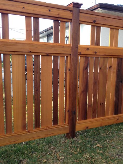 Craftsman style cedar fence- designed and constructed by JHD Ent. Craftsman Fence, Gate Inspiration, Fences Ideas, Craftsman Houses, Outdoor Improvements, Wood Fences, Yard Inspiration, Beige Couch, Fence Toppers