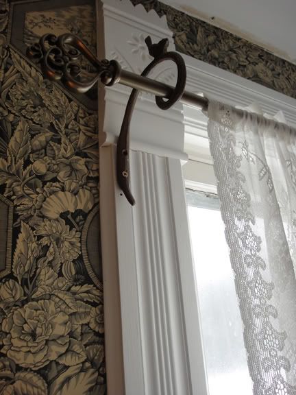 Curtain rod and vintage sheers (purchased at Reflections Antiques, Nelsonville, WI.) Victorian Window Treatments, Small Basement Remodeling, Victorian Curtains, Farmhouse Victorian, Victorian Windows, Bohemian Curtains, Victorian Interiors, Living Room Curtains, Plain Curtains