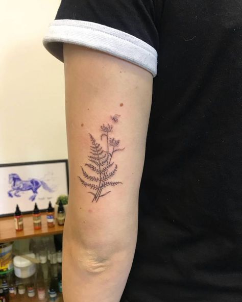 Fern Foliage Tattoo, Unique Fern Tattoo, Fern And Bee Tattoo, Fern With Flowers Tattoo, Fern Tattoo Back Of Arm, Bracken Fern Tattoo, Fern Stick And Poke, Fern Mushroom Tattoo, Green Fern Tattoo