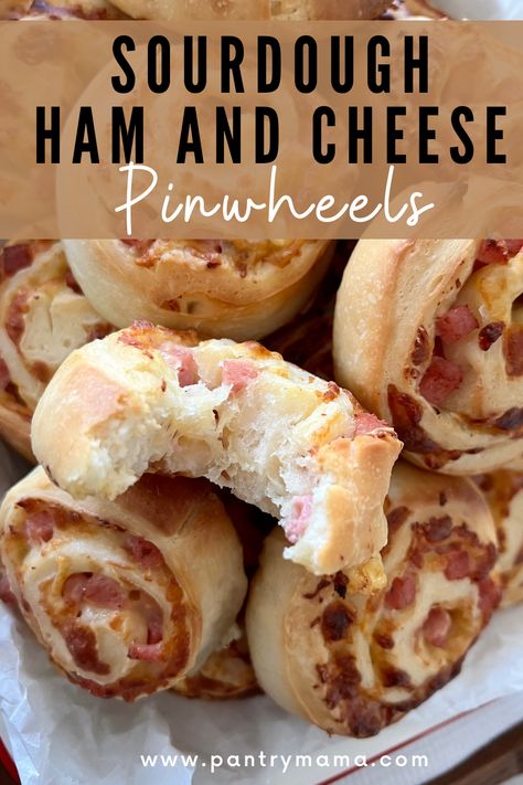 Sourdough Ham And Cheese Rolls, Ham And Cheese Sourdough, Pinwheel Dough Recipe, Sourdough Potluck Ideas, Sourdough Ham And Cheese, Sour Dough Sandwich Recipes, Soft Sourdough Recipes, Sourdough Pinwheels, Sourdough Cheese Straws