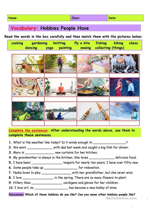 Vocabulary: Hobbies People Have - English ESL Worksheets for distance learning and physical classrooms Different Hobbies, Weather Like Today, Free Time Activities, Vocabulary Exercises, English Worksheets For Kindergarten, Esl Teaching Resources, Esl Vocabulary, Reading For Beginners, English For Beginners