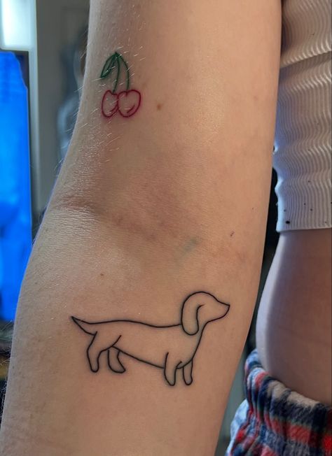 Red Cherry Tattoo, Sausage Dog Tattoo, Green Tattoo, Cherry Tattoo, Sparkle Tattoo, Dachshund Tattoo, Green Tattoos, Tattoo Red, Cherry Tattoos