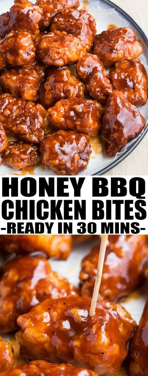 Baked honey BBQ chicken bites are made with tender chicken pieces rolled in a crunchy topping and covered in honey barbecue sauce. Quick and easy appetizer! From cakewhiz.com #appetizer #gamedayfood #gameday #chickenrecipes #bbq #recipe #partyfood Baked Honey Bbq Chicken, Honey Bbq Chicken Bites, Bbq Chicken Bites, Honey Barbecue Sauce, Honey Bbq Chicken, Honey Barbecue, Chicken Pieces, Quick And Easy Appetizers, Honey Bbq