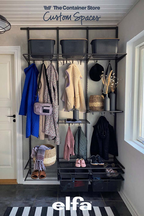 Elfa Mudroom, Custom Entryway, Organized Entryway, Pantry Garage, Mudroom Storage, Closet Pantry, Mudroom Organization, Mud Room Storage, Entryway Mudroom