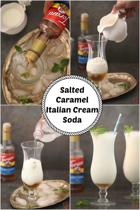 #ad The deep flavors of Torani® Salted Caramel syrup, Creamy half and half and Sparkling water make this Caramel Italian Cream Soda one delicious, stunning and exotic Summer sipper!! You require only 4 ingredients and your only 2 minutes and your exotic and delightful drink Salted Caramel Italian Cream Soda is ready. It's a delicious and festive addition to any special occasion.  #ToraniEndlessSummer #collectivebias #Virgindrink #summerdrink #Caramel #Italiancreamsoda #partydrink Italian Cream Soda Bar, Homemade Italian Soda, Italian Soda Flavors, Cream Soda Recipe, Italian Cream Soda Recipe, Salted Caramel Syrup, Italian Cream Soda, Salted Carmel, Syrup Recipes