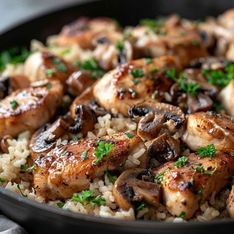 Quick Skillet Chicken and Mushroom Rice Chicken Mushroom And Rice Recipes, Chicken Mushroom Rice Recipes, Chicken Rice And Mushroom Recipes, Rice And Mushroom Recipes, Chicken Rice Mushroom Casserole, Mushroom Chicken Risotto, Chicken Mushroom Rice Casserole, Chicken And Mushroom Rice, Chicken Mushroom Rice