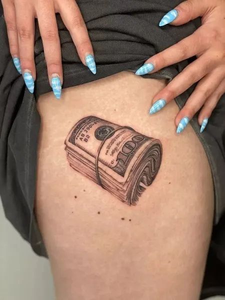 Money Rolls Tattoo, Money Tattoo Ideas, Money Tattoo Designs, Money Sign Tattoo, Dollar Sign Tattoo, Money Tattoos, Wolf Tattoo Forearm, Money Bag Tattoo, Dollar Tattoo