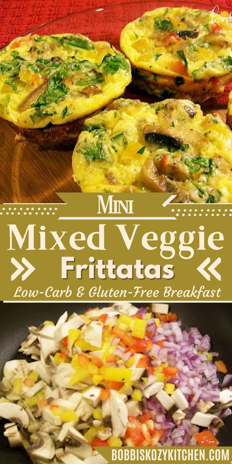 Three mini veggie frittatas with herbs and mushrooms on a plate. Below are chopped vegetables, labeled "Mini Mixed Veggie Frittatas. Low-Carb & Gluten-Free Breakfast." Veggie Frittata Recipes Breakfast, Breakfast Keish, Fritatta Recipe, Easy Frittata Recipe, Leftover Veggies, Easy Frittata, Breakfast Frittata, Vegetable Frittata, Atkins Recipes